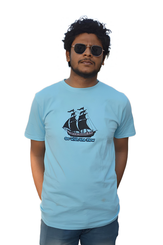 MHO India “Go With The Flow” Embroidered Sky Blue T-Shirt | 100% Cotton | Regular Fit