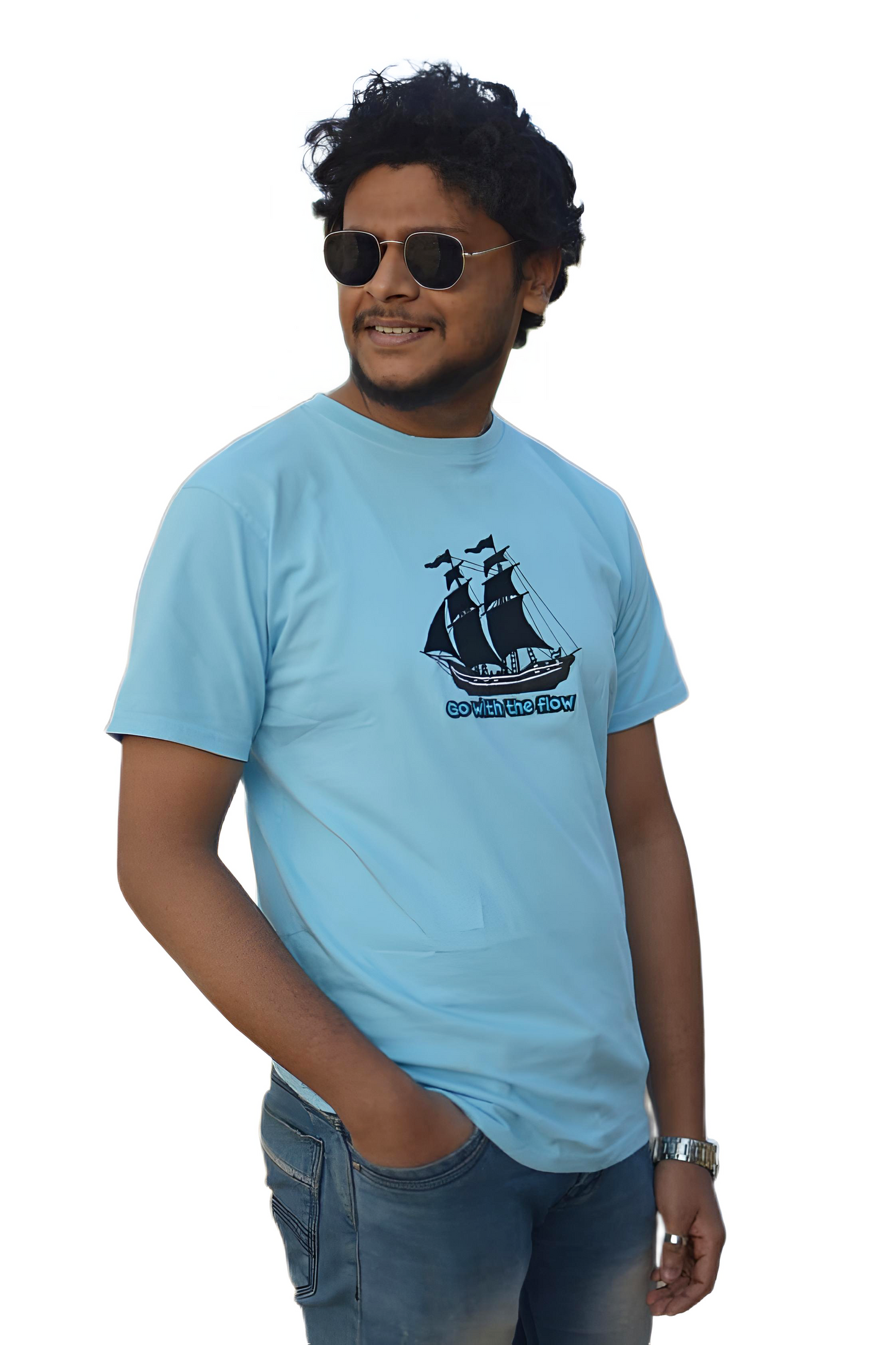 MHO India “Go With The Flow” Embroidered Sky Blue T-Shirt | 100% Cotton | Regular Fit