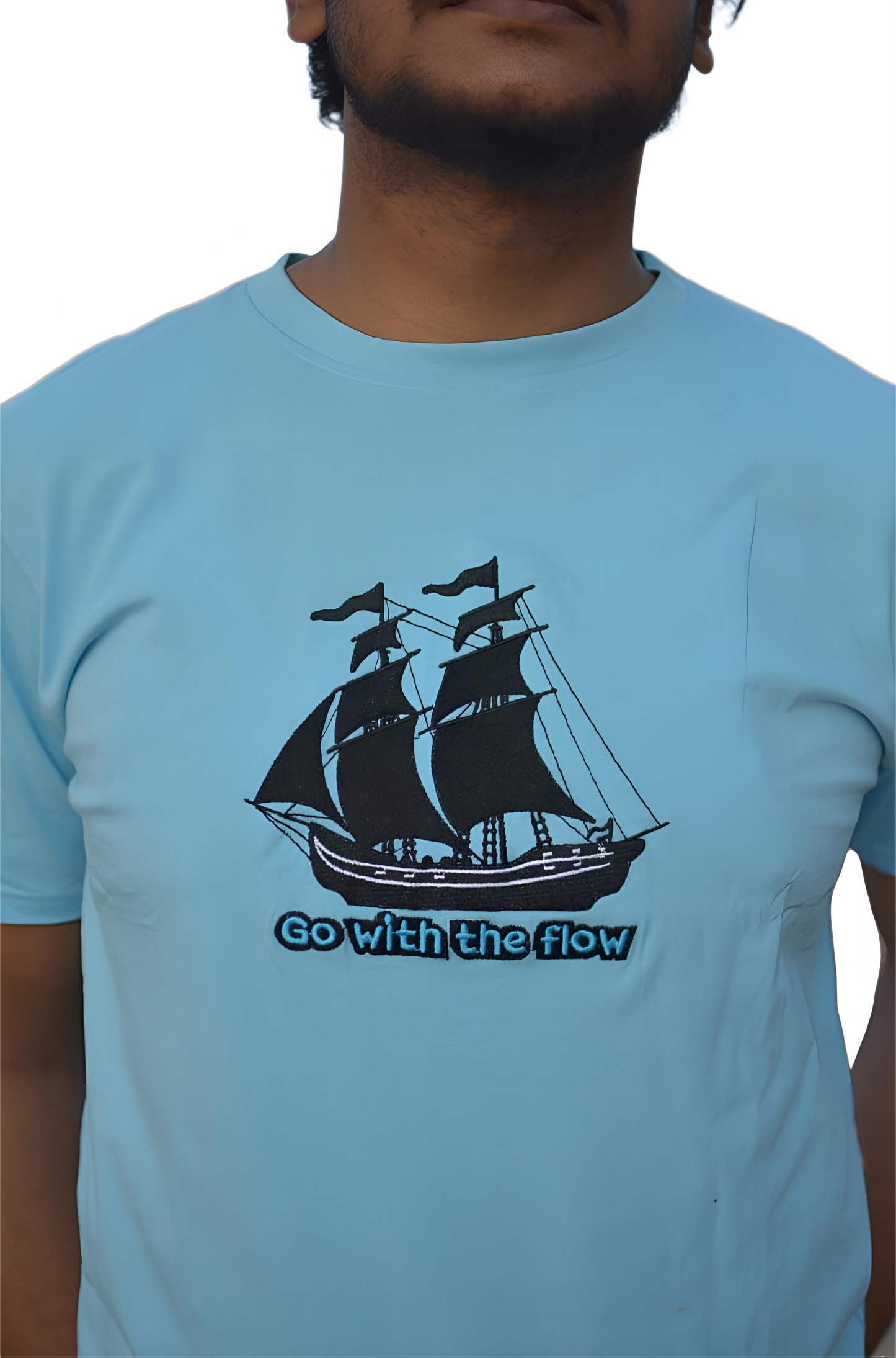 MHO India “Go With The Flow” Embroidered Sky Blue T-Shirt | 100% Cotton | Regular Fit