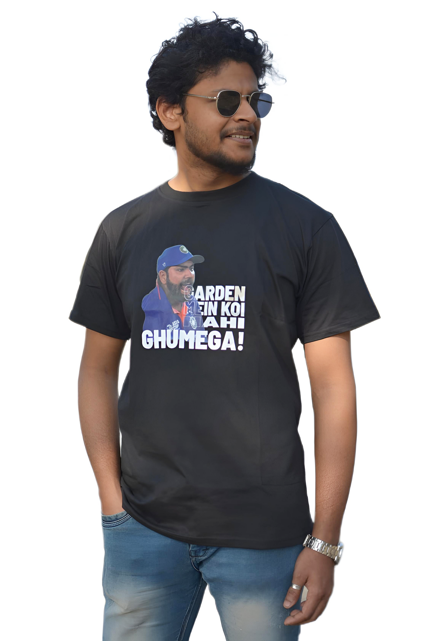 MHO Men’s Black Printed T-Shirt – “Garden Mein Koi Nahi Ghumega” | Regular Fit | 100% Cotton